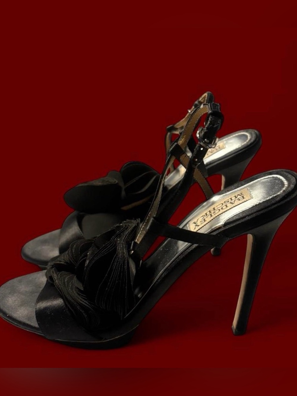 Badgley Mischka Black Satin Floral T-Strap Stiletto Sandals